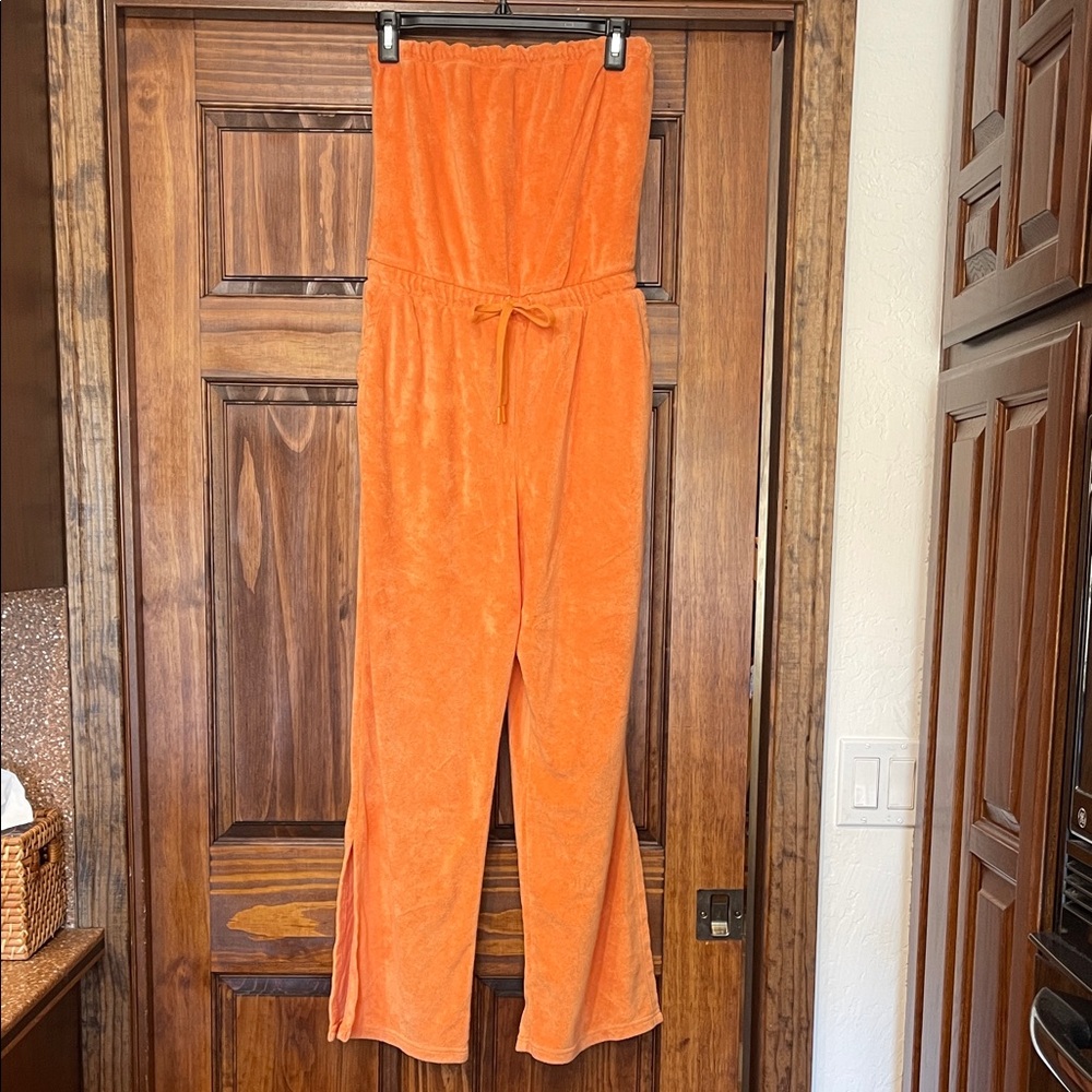 Beyond Yoga Strapless Terry Cloth Jumpsuit in Orange